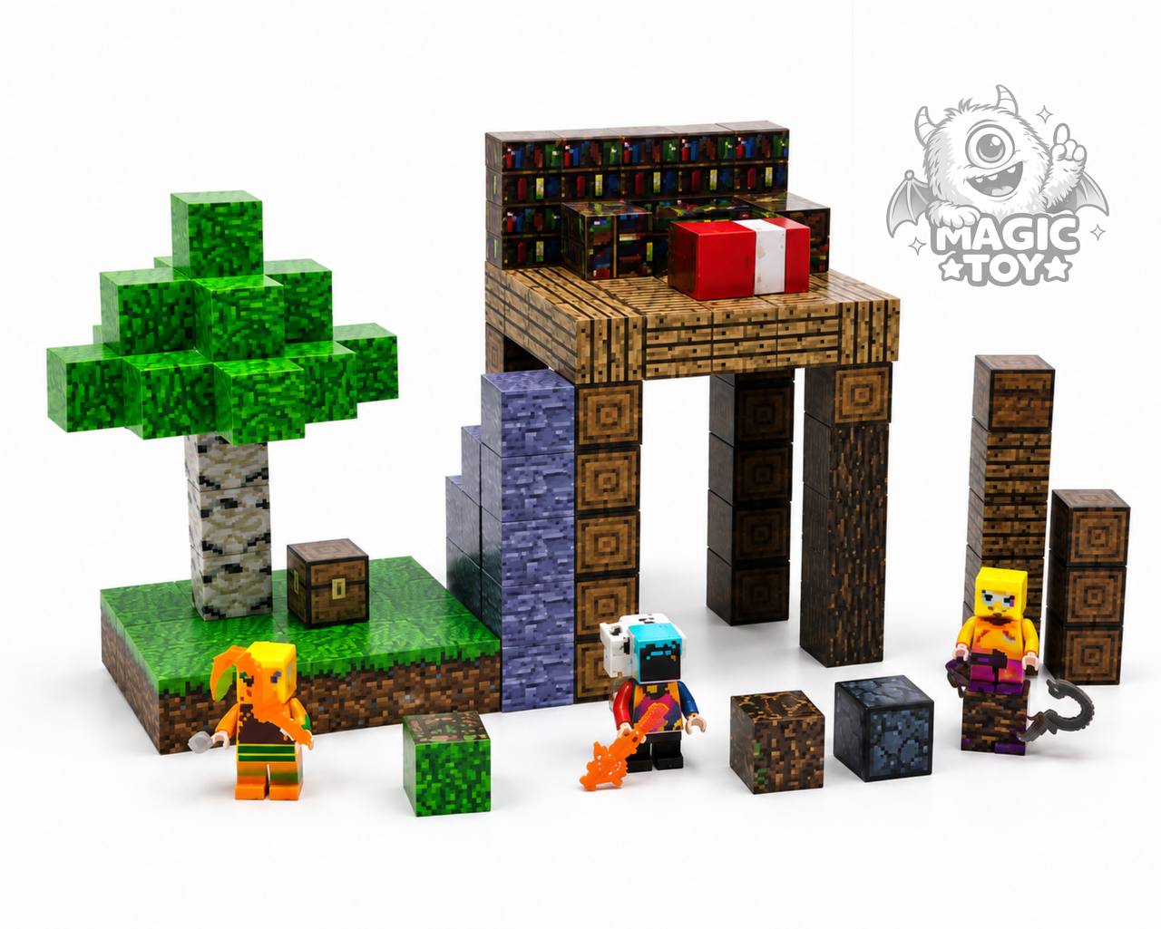 اسباب بازی ساختنی ماینکرافت مگنتی ۱۲۸ قطعه CUBE WORLD کد 666 (بلوکهای مغناطیسی پیکسلی با بافتهای مختلف به همراه مینیفیگور شخصیتها)