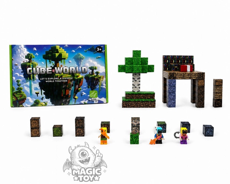 اسباب بازی ساختنی ماینکرافت مگنتی ۱۲۸ قطعه CUBE WORLD کد 666 (بلوکهای مغناطیسی پیکسلی با بافتهای مختلف به همراه مینیفیگور شخصیتها)