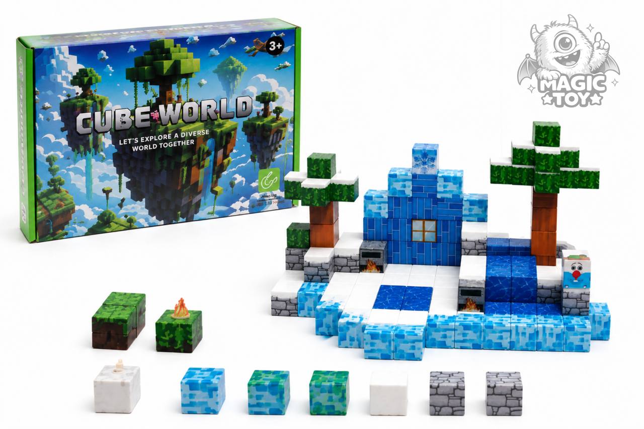 ساختنی ماینکرافت مگنتی ۱۴۴ قطعه CUBE WORLD کد 665 (تم دنیای برفی و یخی، بلوک‌های مکعبی مغناطیسی پیکسلی با طرح درخت کاج برفی، آب، آتشدان و آدم‌برفی)