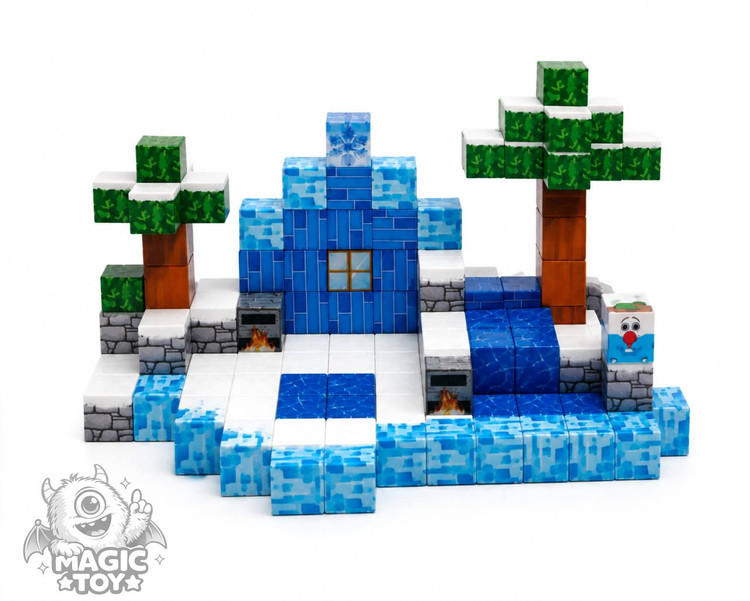 ساختنی ماینکرافت مگنتی ۱۴۴ قطعه CUBE WORLD کد 665 (تم دنیای برفی و یخی، بلوکهای مکعبی مغناطیسی پیکسلی با طرح درخت کاج برفی، آب، آتشدان و آدمبرفی)