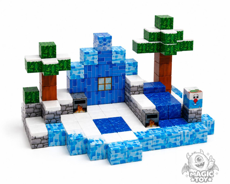 ساختنی ماینکرافت مگنتی ۱۴۴ قطعه CUBE WORLD کد 665 (تم دنیای برفی و یخی، بلوکهای مکعبی مغناطیسی پیکسلی با طرح درخت کاج برفی، آب، آتشدان و آدمبرفی)