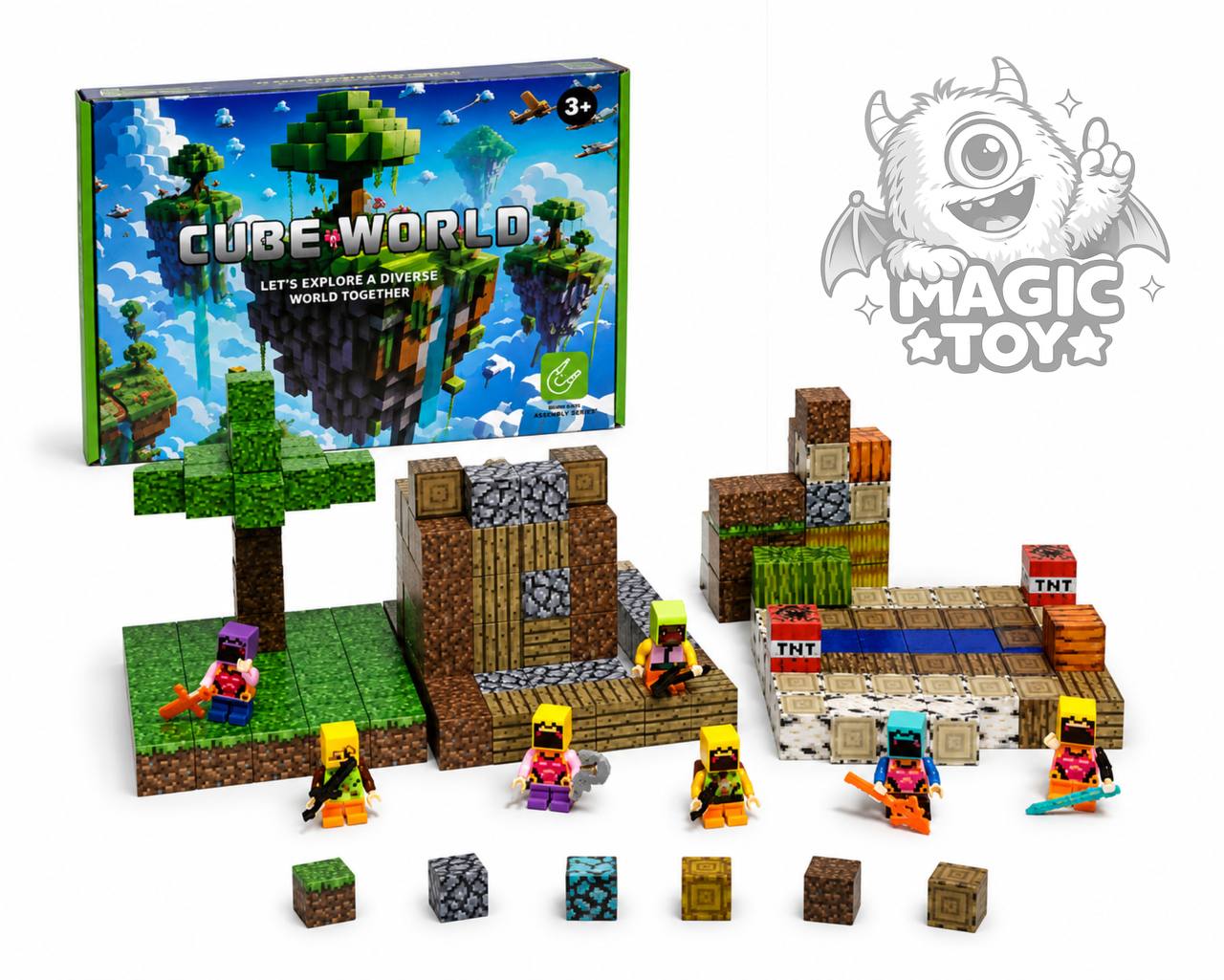 ساختنی ماینکرافت مگنتی ۱۹۲ قطعه CUBE WORLD کد 667 (مجموعه بزرگ بلوکهای مکعبی مغناطیسی پیکسلی، دارای بلوکهای TNT، الماس، سنگ، چوب و ۶ مینیفیگور رزمی)