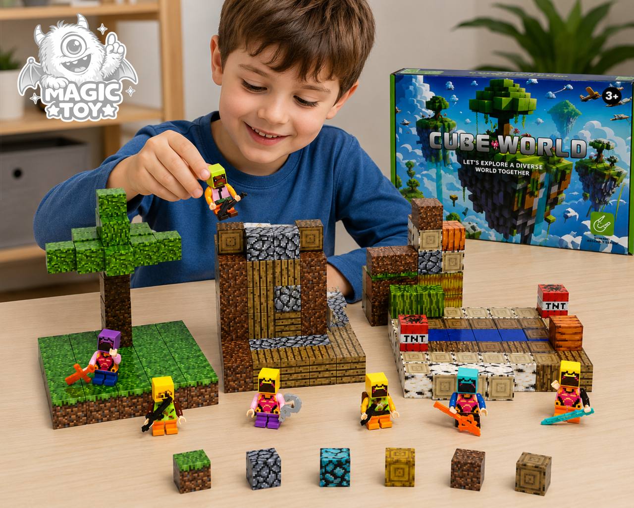 ساختنی ماینکرافت مگنتی ۱۹۲ قطعه CUBE WORLD کد 667 (مجموعه بزرگ بلوکهای مکعبی مغناطیسی پیکسلی، دارای بلوکهای TNT، الماس، سنگ، چوب و ۶ مینیفیگور رزمی)