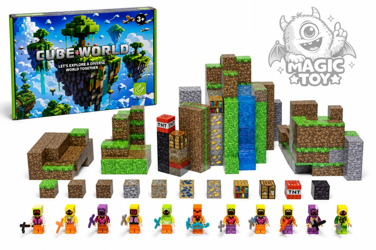 ساختنی ماینکرافت مگنتی ۳۸۴ قطعه CUBE WORLD کد 683 (پکیج سوپرجامبو بلوکهای مغناطیسی پیکسلی، سنگهای طلا و لاجورد، TNT، میز کار، آبشار و ۱۱ مینیفیگور)