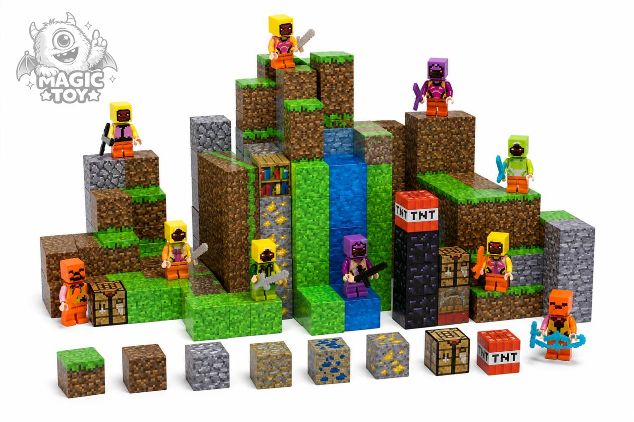 ساختنی ماینکرافت مگنتی ۳۸۴ قطعه CUBE WORLD کد 683 (پکیج سوپرجامبو بلوکهای مغناطیسی پیکسلی، سنگهای طلا و لاجورد، TNT، میز کار، آبشار و ۱۱ مینیفیگور)