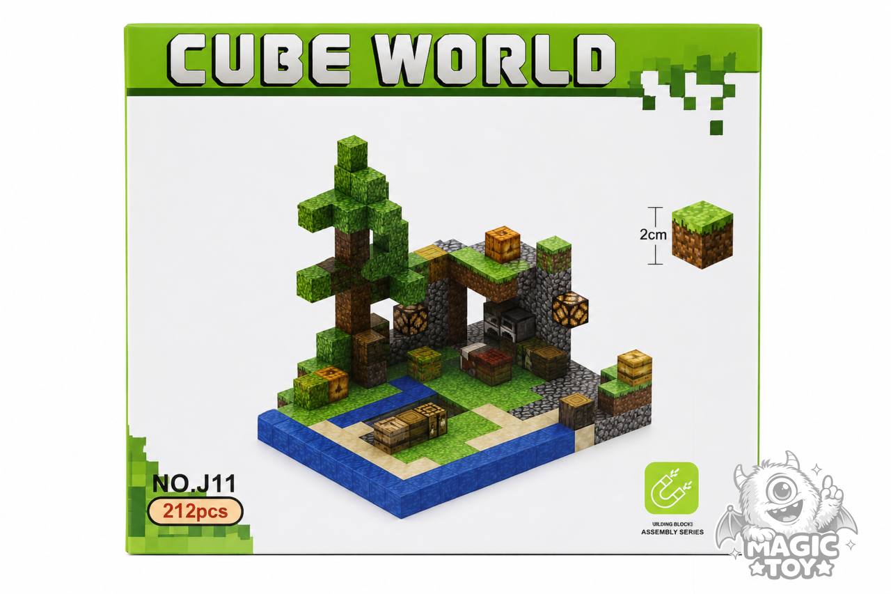 ساختنی ماینکرافت مگنتی ۲۱۲ قطعه CUBE WORLD کد 668 مدل NO.J11 (بلوکهای مکعبی مغناطیسی ۲ سانتیمتری، طرح فانوس شبتاب رداستون، درخت، آبشار، کوره و ۶ مینیفیگور رزمی)