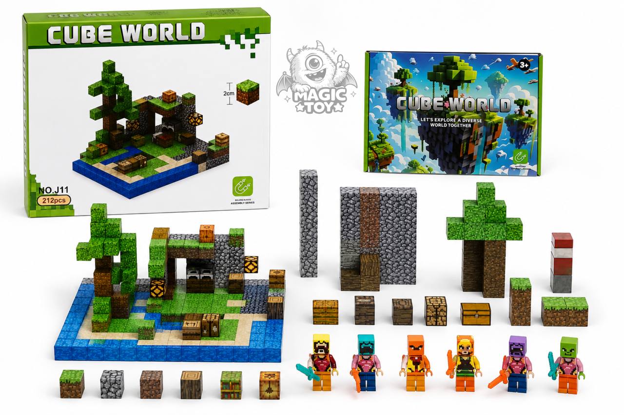 ساختنی ماینکرافت مگنتی ۲۱۲ قطعه CUBE WORLD کد 668 مدل NO.J11 (بلوکهای مکعبی مغناطیسی ۲ سانتیمتری، طرح فانوس شبتاب رداستون، درخت، آبشار، کوره و ۶ مینیفیگور رزمی)