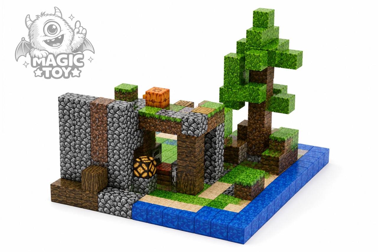 ساختنی ماینکرافت مگنتی ۲۱۲ قطعه CUBE WORLD کد 668 مدل NO.J11 (بلوکهای مکعبی مغناطیسی ۲ سانتیمتری، طرح فانوس شبتاب رداستون، درخت، آبشار، کوره و ۶ مینیفیگور رزمی)