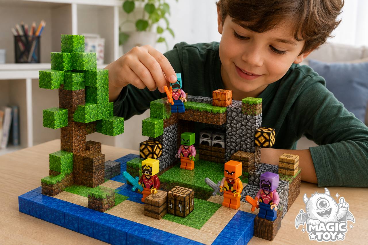 ساختنی ماینکرافت مگنتی ۲۱۲ قطعه CUBE WORLD کد 668 مدل NO.J11 (بلوکهای مکعبی مغناطیسی ۲ سانتیمتری، طرح فانوس شبتاب رداستون، درخت، آبشار، کوره و ۶ مینیفیگور رزمی)