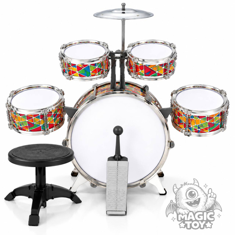 ست جاز درام سایز بزرگ با صندلی و پدال کوبهای مدل A LITTLE DRUMMER کد 2037 (مجموعه ۵ طبل، سنج فلزی، چوب درام، صندلی پایهدار و طرح رنگارنگ ژئومتریک)