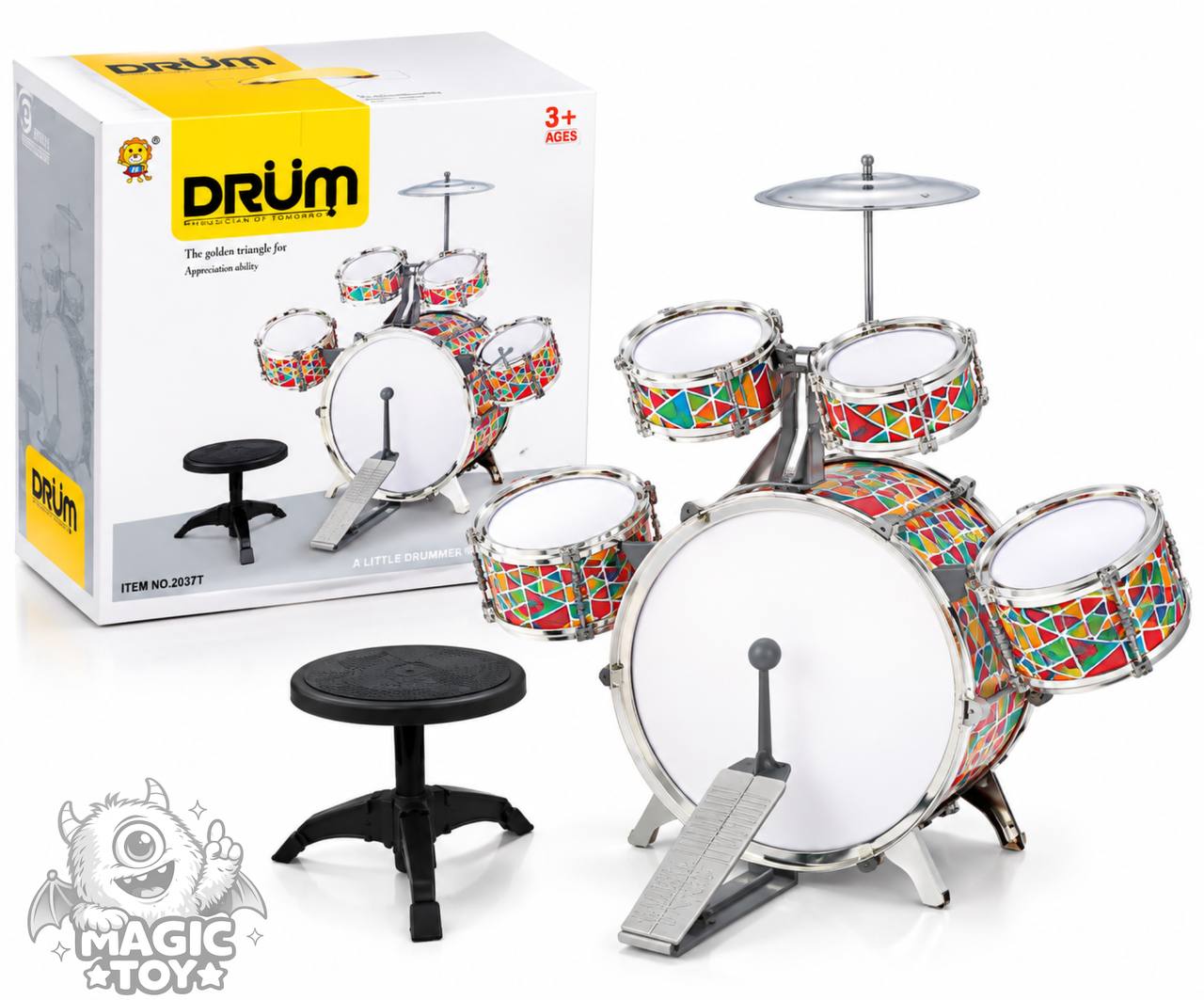 ست جاز درام سایز بزرگ با صندلی و پدال کوبه‌ای مدل A LITTLE DRUMMER کد 2037 (مجموعه ۵ طبل، سنج فلزی، چوب درام، صندلی پایه‌دار و طرح رنگارنگ ژئومتریک)