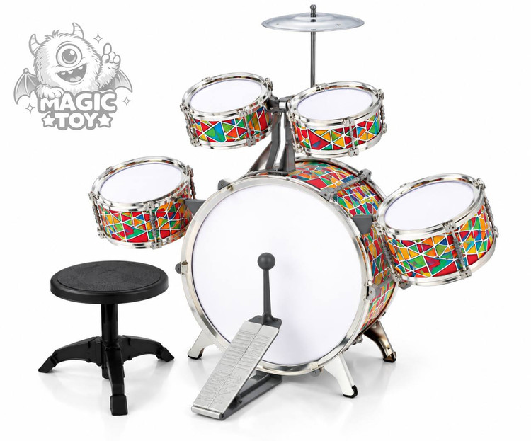ست جاز درام سایز بزرگ با صندلی و پدال کوبهای مدل A LITTLE DRUMMER کد 2037 (مجموعه ۵ طبل، سنج فلزی، چوب درام، صندلی پایهدار و طرح رنگارنگ ژئومتریک)