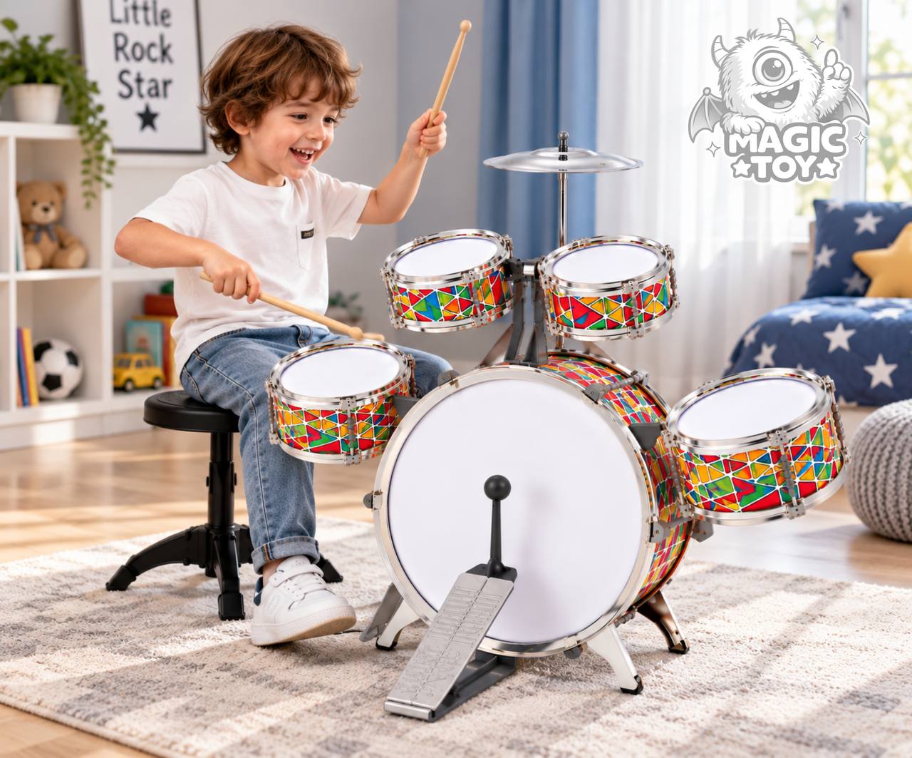ست جاز درام سایز بزرگ با صندلی و پدال کوبهای مدل A LITTLE DRUMMER کد 2037 (مجموعه ۵ طبل، سنج فلزی، چوب درام، صندلی پایهدار و طرح رنگارنگ ژئومتریک)