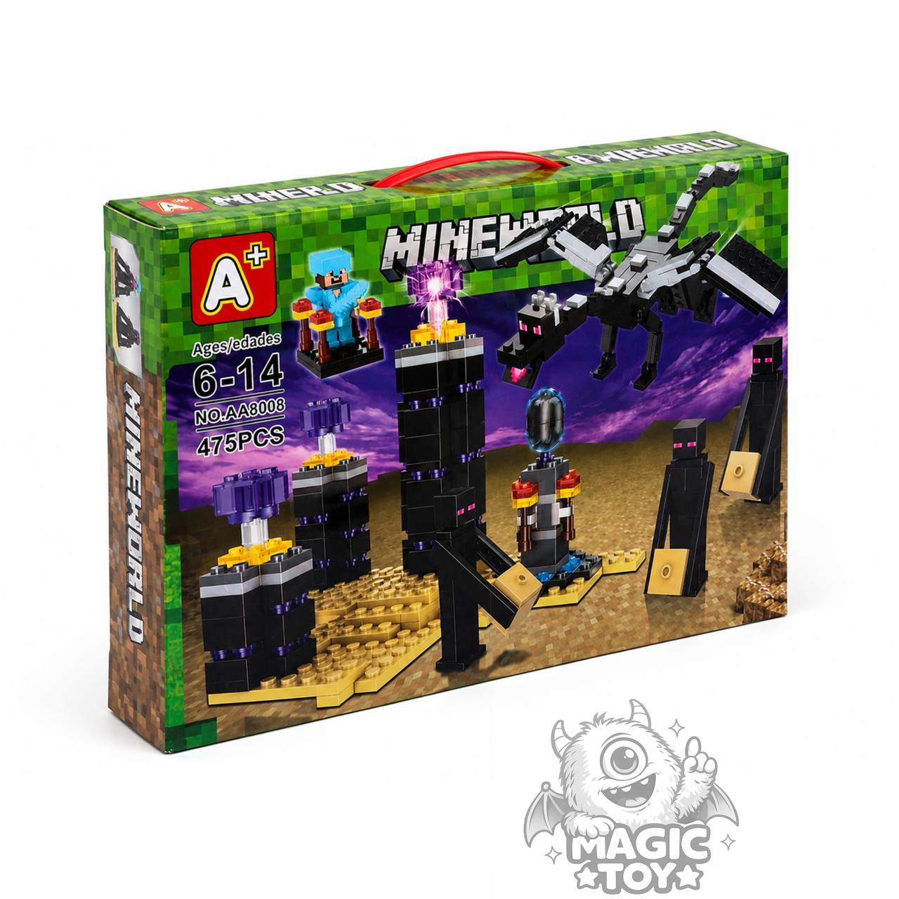 لگو ماینکرافت نبرد اژدها اندر دراگون ۴۷۵ قطعه برند MINEWORLD کد AA8008 / 8008 (دارای فیگور مفصلی Ender Dragon، برج‌های ابسیدین با کریستال نورانی LED، پورتال اند، مینی‌فیگور استیو زره‌پوش و ۳ عدد اندرمن)