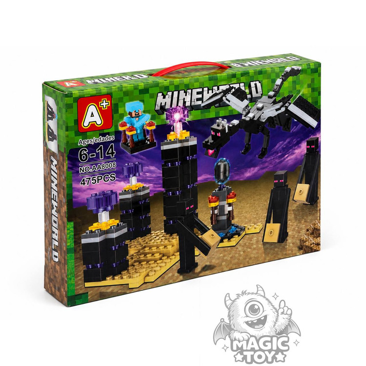 لگو ماینکرافت نبرد اژدها اندر دراگون ۴۷۵ قطعه برند MINEWORLD کد AA8008 / 8008 (دارای فیگور مفصلی Ender Dragon، برجهای ابسیدین با کریستال نورانی LED، پورتال اند، مینیفیگور استیو زرهپوش و ۳ عدد اندرمن)