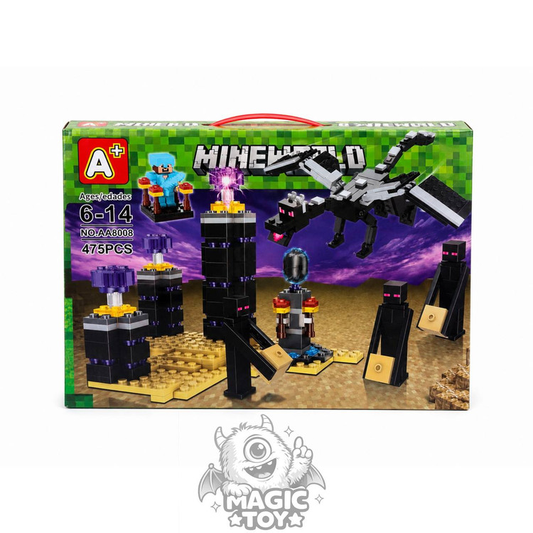لگو ماینکرافت نبرد اژدها اندر دراگون ۴۷۵ قطعه برند MINEWORLD کد AA8008 / 8008 (دارای فیگور مفصلی Ender Dragon، برجهای ابسیدین با کریستال نورانی LED، پورتال اند، مینیفیگور استیو زرهپوش و ۳ عدد اندرمن)