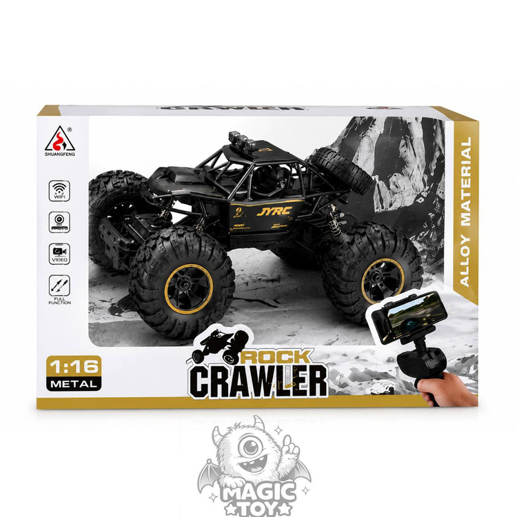 ماشین کنترلی آفرود صخرهنورد دوربیندار ROCK CRAWLER کد 2093 برند JYRC (مقیاس 1:16، بدنه آلیاژ فلزی Alloy، دوربین ارسال تصویر زنده WiFi FPV، ریموت تفنگی با هولدر موبایل و کمکفنرهای مستقل)