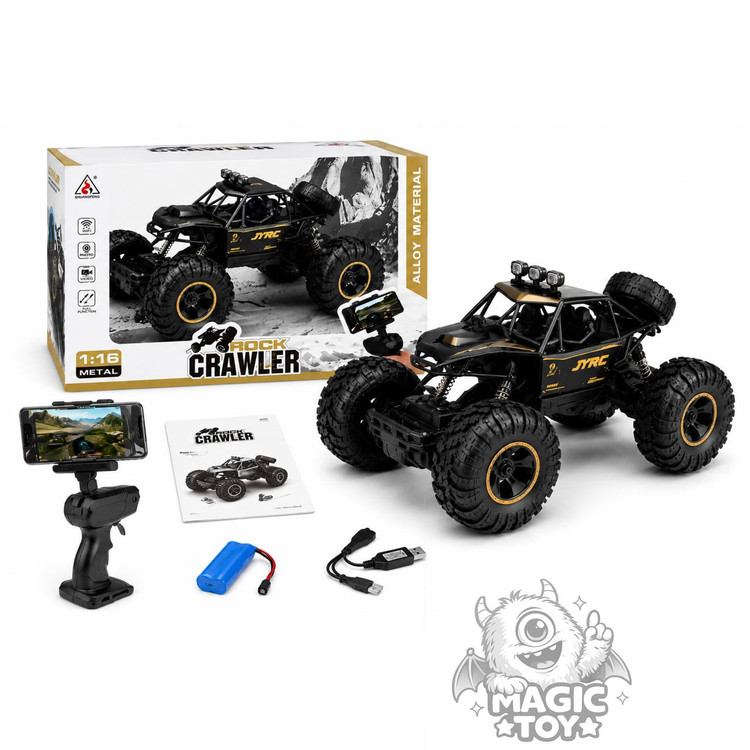 ماشین کنترلی آفرود صخرهنورد دوربیندار ROCK CRAWLER کد 2093 برند JYRC (مقیاس 1:16، بدنه آلیاژ فلزی Alloy، دوربین ارسال تصویر زنده WiFi FPV، ریموت تفنگی با هولدر موبایل و کمکفنرهای مستقل)