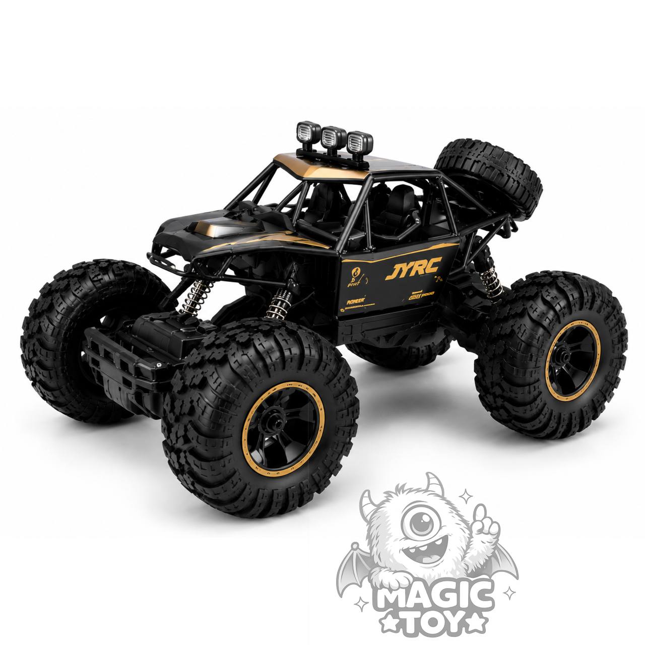 ماشین کنترلی آفرود صخرهنورد دوربیندار ROCK CRAWLER کد 2093 برند JYRC (مقیاس 1:16، بدنه آلیاژ فلزی Alloy، دوربین ارسال تصویر زنده WiFi FPV، ریموت تفنگی با هولدر موبایل و کمکفنرهای مستقل)