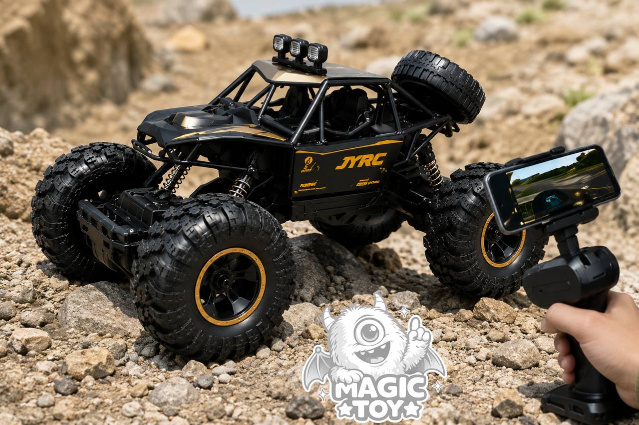 ماشین کنترلی آفرود صخرهنورد دوربیندار ROCK CRAWLER کد 2093 برند JYRC (مقیاس 1:16، بدنه آلیاژ فلزی Alloy، دوربین ارسال تصویر زنده WiFi FPV، ریموت تفنگی با هولدر موبایل و کمکفنرهای مستقل)