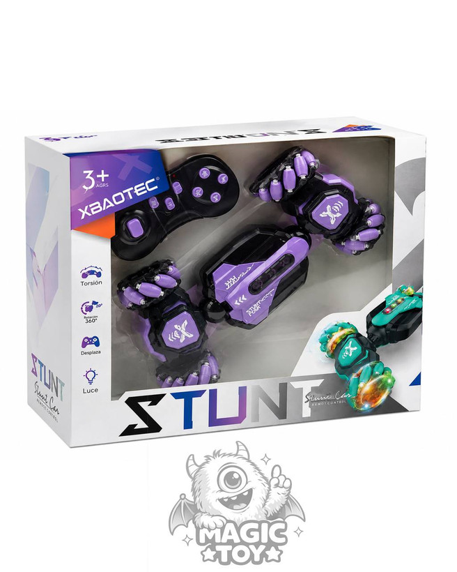 ماشین کنترلی چرخ کپسولی دیوانهوار دو ریموت STUNT CAR برند XBAOTEC کد 1260 (چرخش ۳۶۰ درجه، حرکت خرچنگی به طرفین، کنترل مچی حرکتی انگشتی، نورپردازی چندرنگ RGB داخل چرخها و بدنه تاشو)