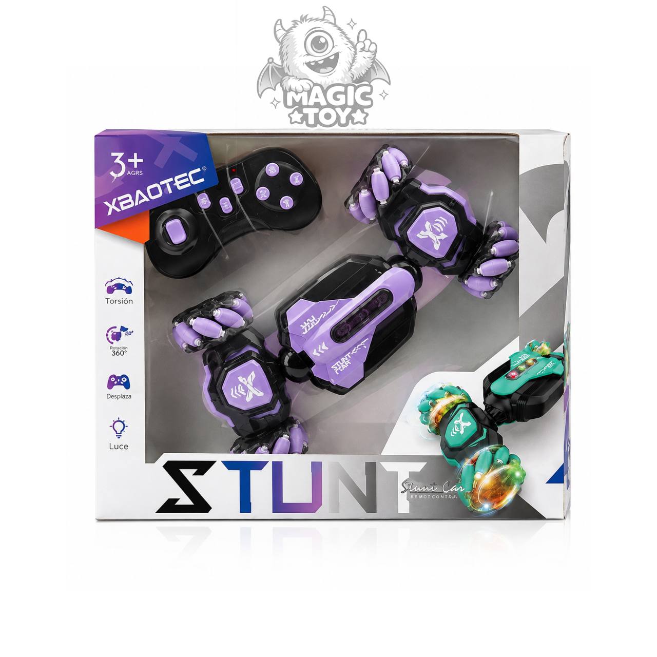 ماشین کنترلی چرخ کپسولی دیوانه‌وار دو ریموت STUNT CAR برند XBAOTEC کد 1260 (چرخش ۳۶۰ درجه، حرکت خرچنگی به طرفین، کنترل مچی حرکتی انگشتی، نورپردازی چندرنگ RGB داخل چرخ‌ها و بدنه تاشو)
