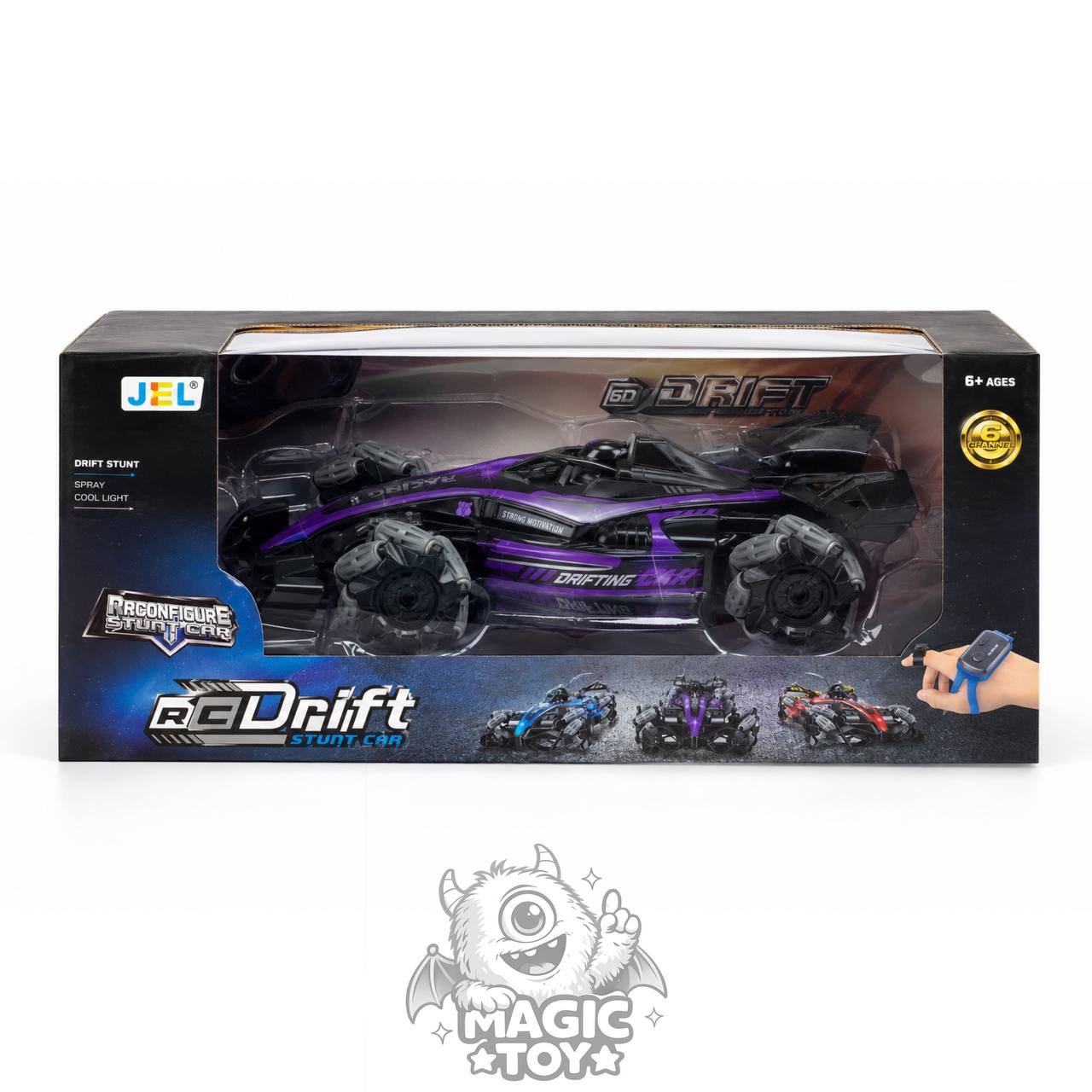ماشین کنترلی مسابقه‌ای فرمول یک چرخ کپسولی دو ریموت RC DRIFT کد 1_2390 برند JEL (سیستم بخارساز دودزا با افکت نوری، چرخ‌های مکنوم دریفت درجا، کنترل ساعت مچی حرکتی و نورپردازی LED بدنه)