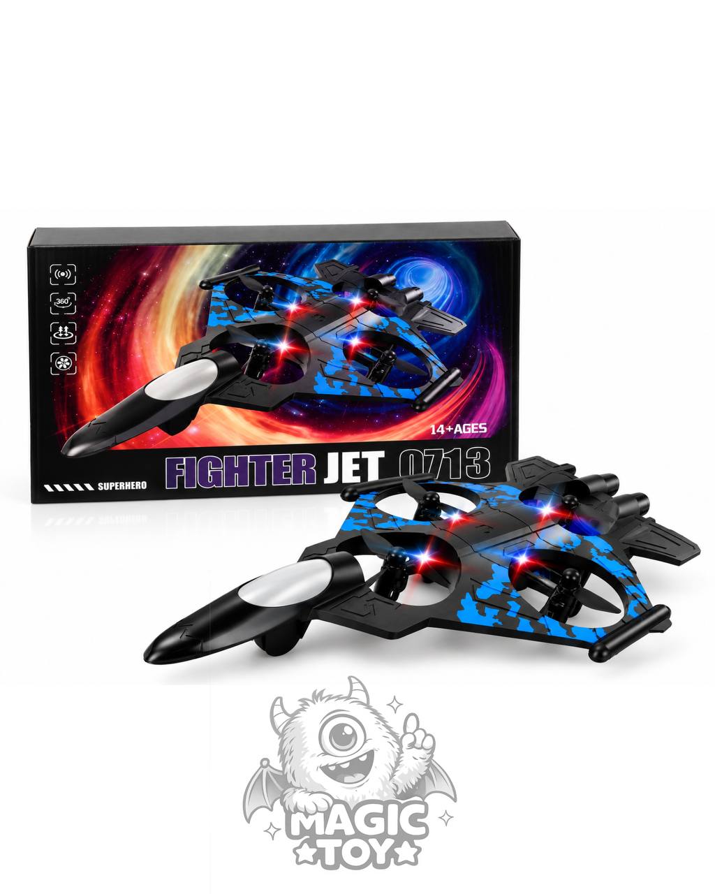 کوادکوپتر طرح جت جنگنده پروازی شارژی FIGHTER JET کد 0713 (سیستم ۴ موتوره هوانوردی، جایرو ۶ محوره تعادل خودکار، مانور ۳۶۰ درجه، سنسور تشخیص مانع و چراغ‌های چشمک‌زن LED)